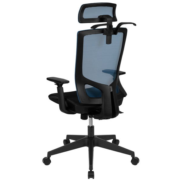 Blue |#| Ergonomic Blue/Black Mesh Office Chair-Synchro, Pivot Headrest, Adjustable Arms