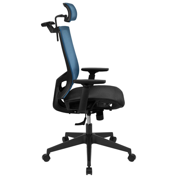 Blue |#| Ergonomic Blue/Black Mesh Office Chair-Synchro, Pivot Headrest, Adjustable Arms