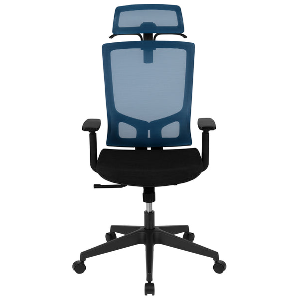 Blue |#| Ergonomic Blue/Black Mesh Office Chair-Synchro, Pivot Headrest, Adjustable Arms