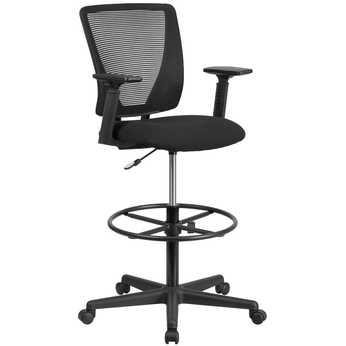 Mid-Back Mesh Drafting Chair w/ Black Fabric Seat, Adjustable Foot Ring and Arms