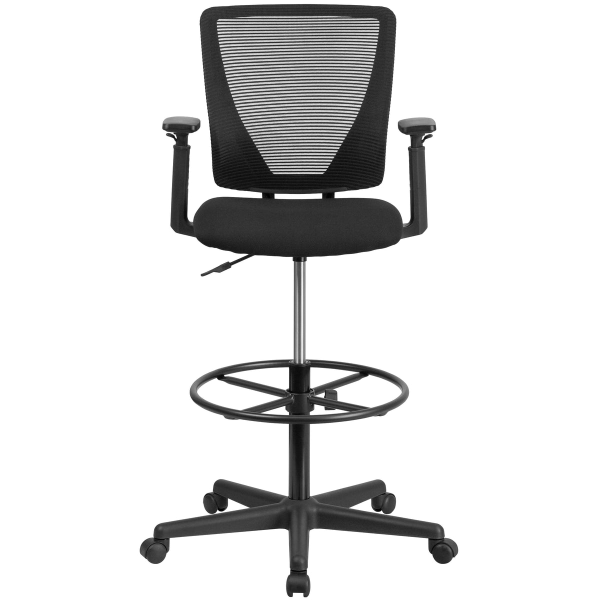 Mid-Back Mesh Drafting Chair w/ Black Fabric Seat, Adjustable Foot Ring and Arms