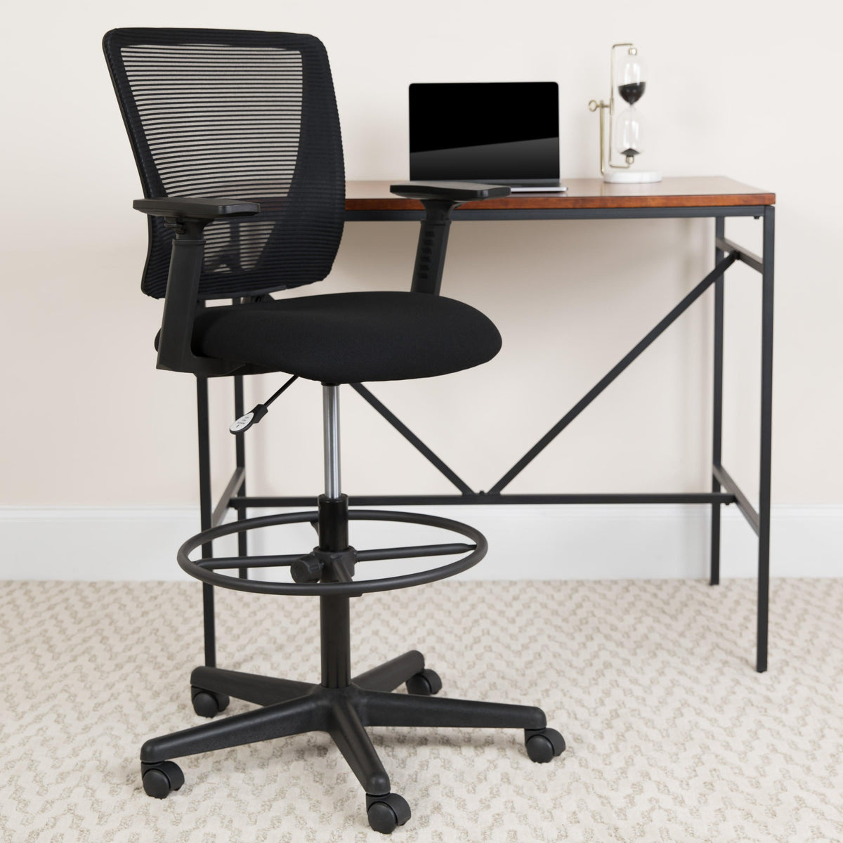 Mid-Back Mesh Drafting Chair w/ Black Fabric Seat, Adjustable Foot Ring and Arms