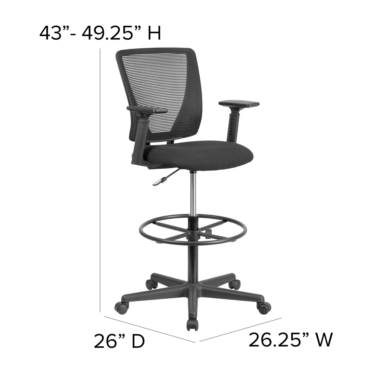 Mid-Back Mesh Drafting Chair w/ Black Fabric Seat, Adjustable Foot Ring and Arms