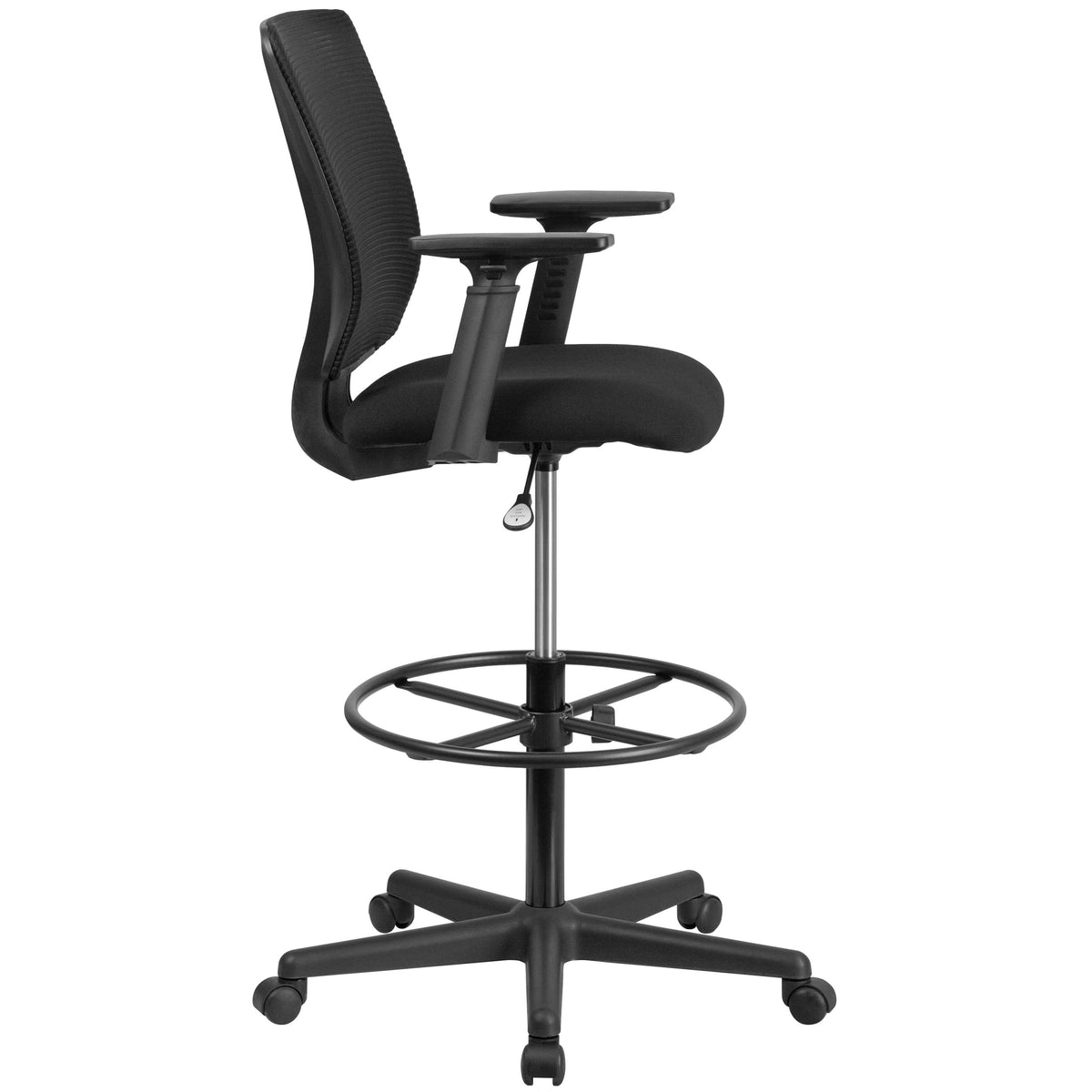 Mid-Back Mesh Drafting Chair w/ Black Fabric Seat, Adjustable Foot Ring and Arms