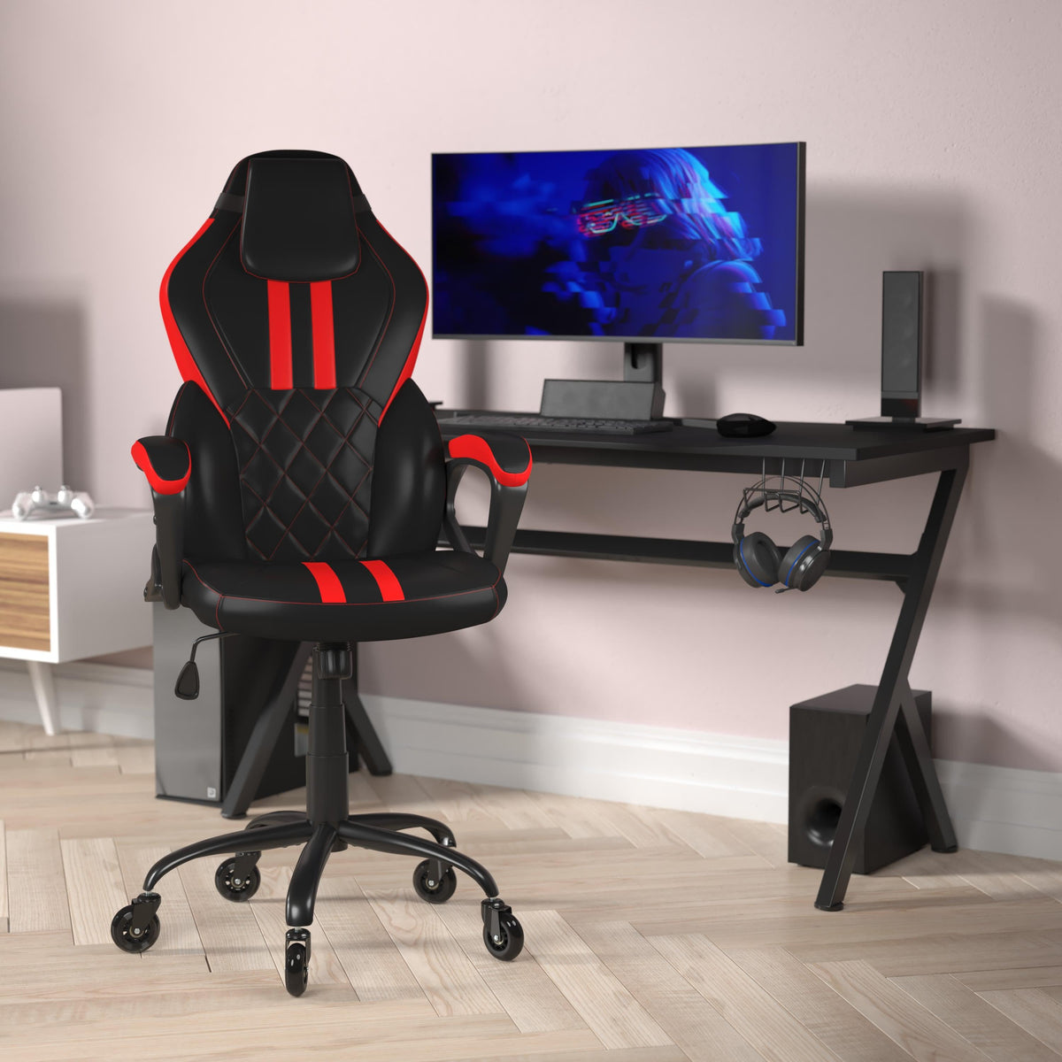 Adjustable 360° Swivel Gaming Chair with Roller Style Wheels in Black and Red