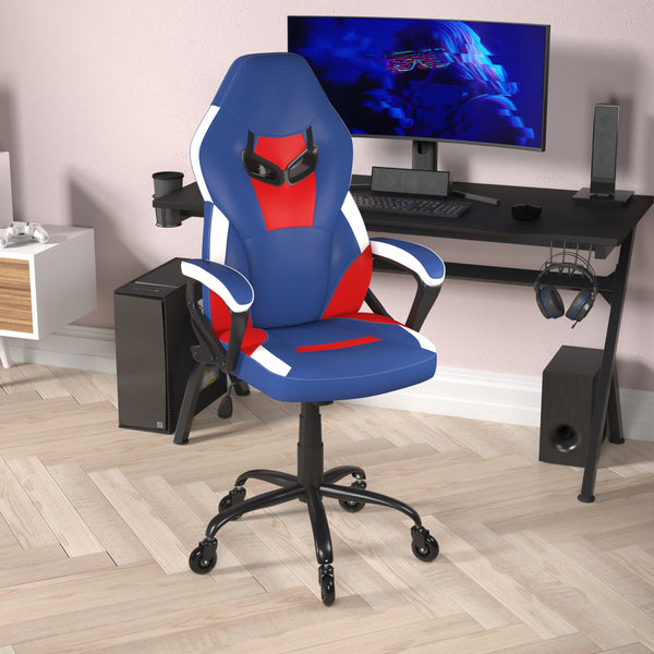 Adjustable 360° Swivel Gaming Chair with Roller Style Wheels in Blue and Red