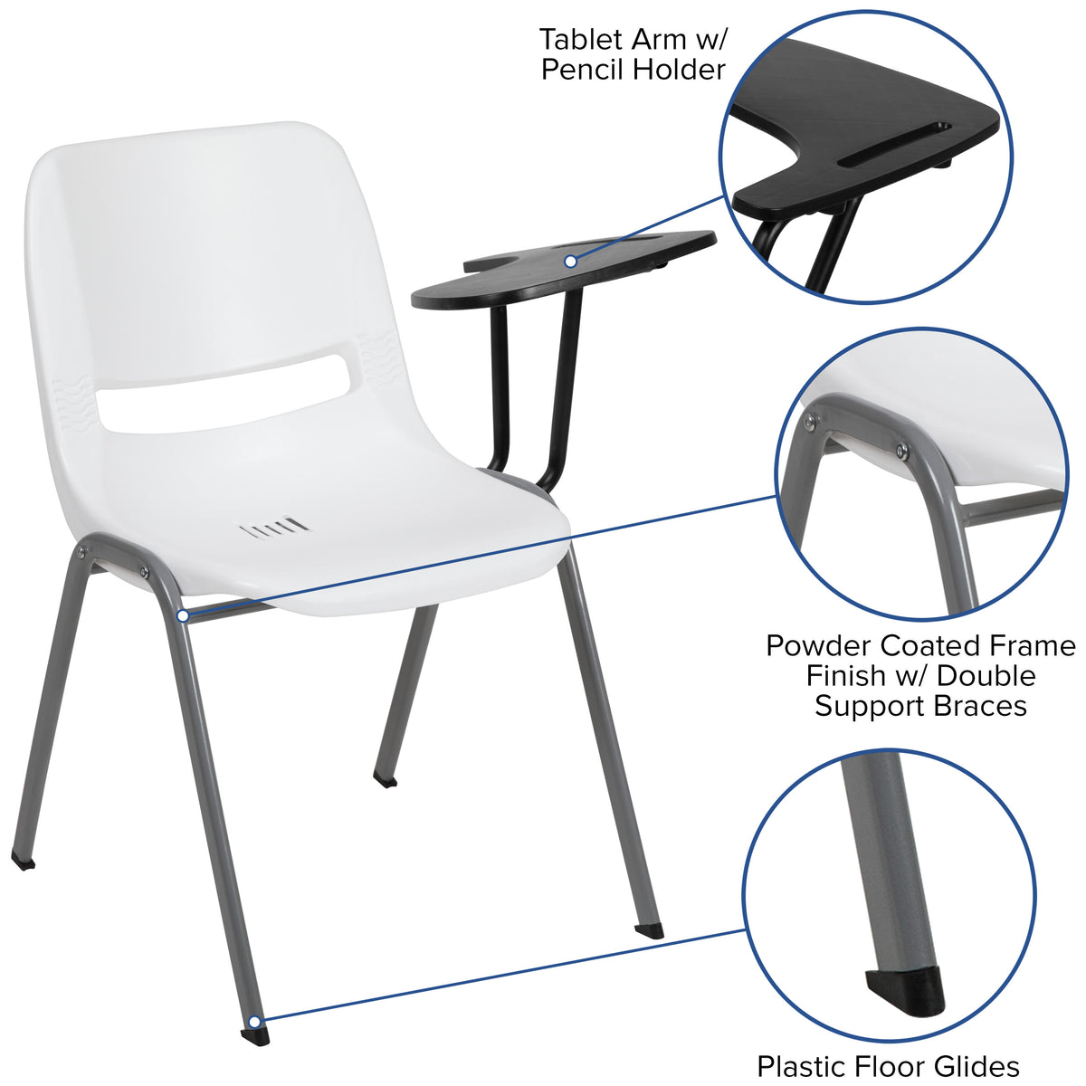 White |#| White Ergonomic Shell Chair with Left Handed Flip-Up Tablet - Tablet Arm Desk