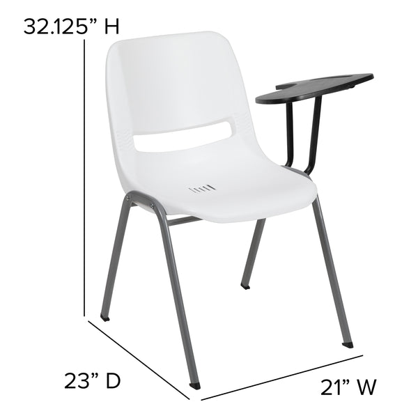 White |#| White Ergonomic Shell Chair with Left Handed Flip-Up Tablet - Tablet Arm Desk