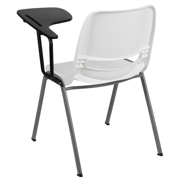 White |#| White Ergonomic Shell Chair with Left Handed Flip-Up Tablet - Tablet Arm Desk