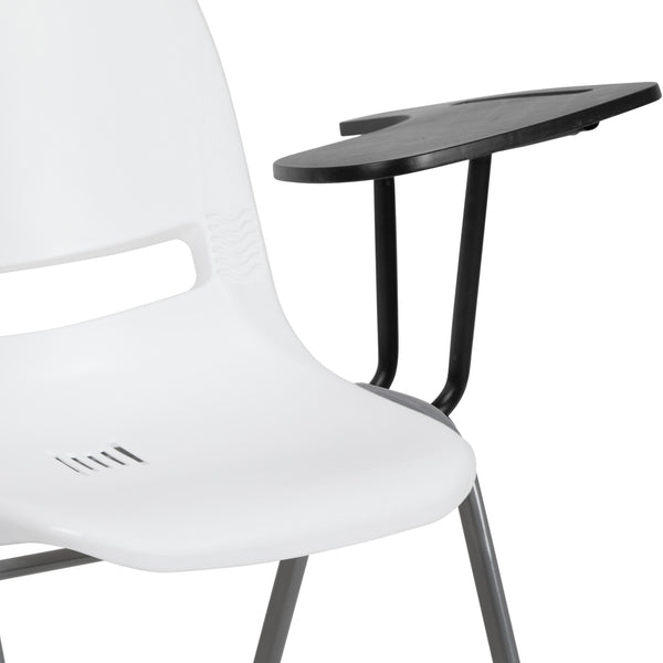 White |#| White Ergonomic Shell Chair with Left Handed Flip-Up Tablet - Tablet Arm Desk