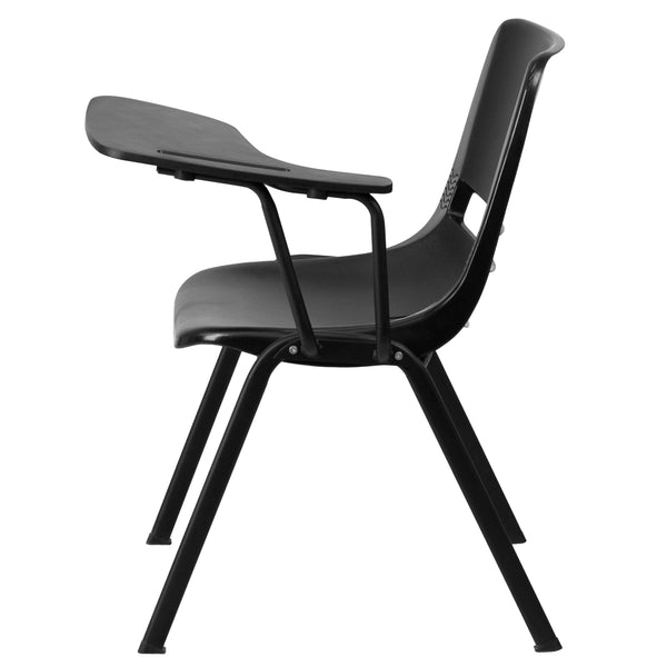 Black |#| Black Ergonomic Shell Chair with Left Handed Flip-Up Tablet Arm