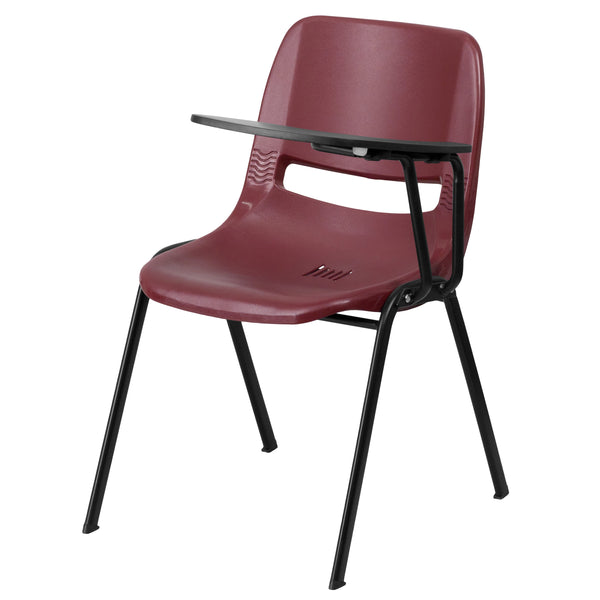 Burgundy |#| Burgundy Ergonomic Shell Chair with Left Handed Flip-Up Tablet Arm