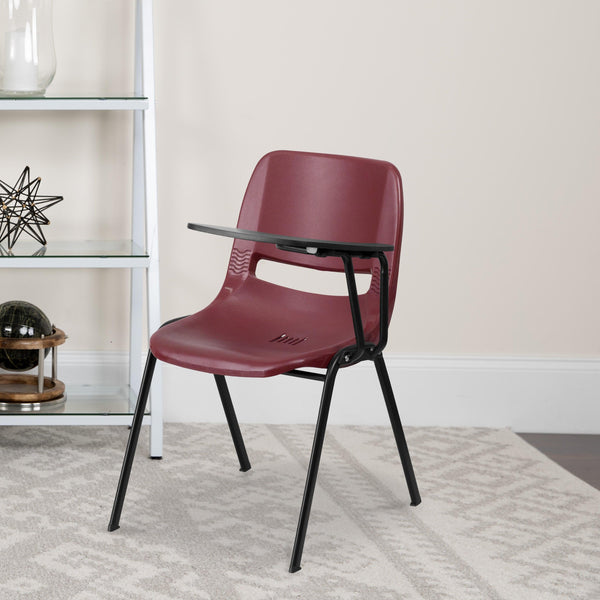 Burgundy |#| Burgundy Ergonomic Shell Chair with Left Handed Flip-Up Tablet Arm