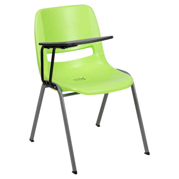 Green |#| Green Ergonomic Shell Chair with Right Handed Flip-Up Tablet - Tablet Arm Desk