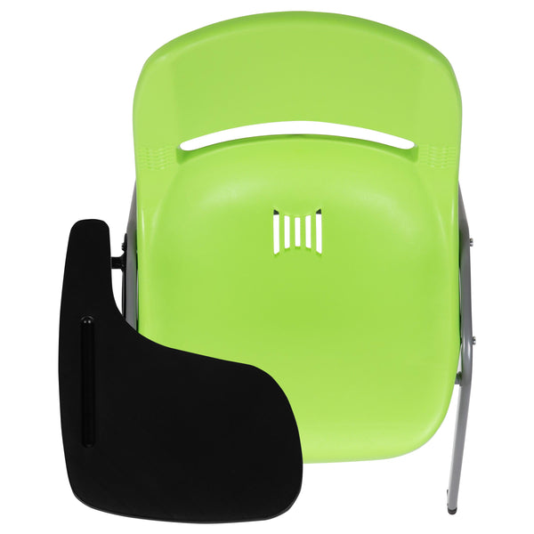 Green |#| Green Ergonomic Shell Chair with Right Handed Flip-Up Tablet - Tablet Arm Desk