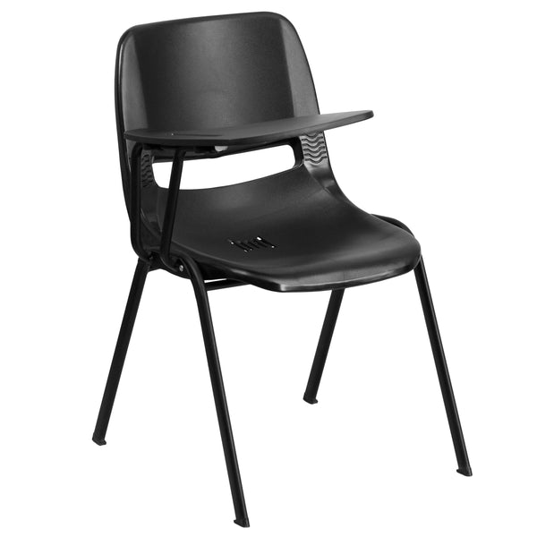 Black |#| Black Ergonomic Shell Chair with Right Handed Flip-Up Tablet Arm