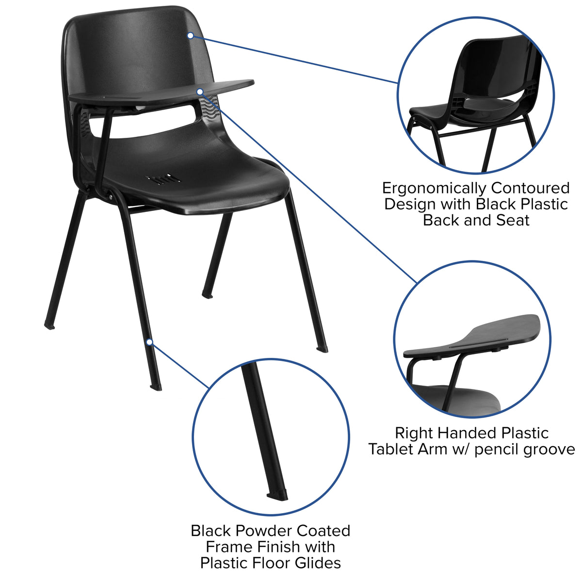 Black |#| Black Ergonomic Shell Chair with Right Handed Flip-Up Tablet Arm