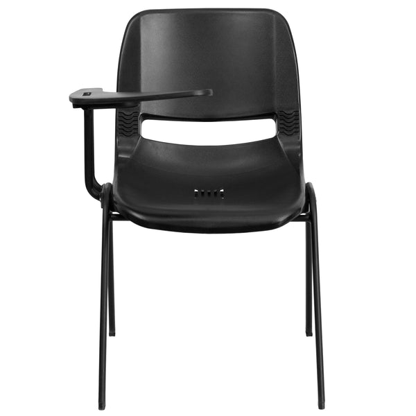 Black |#| Black Ergonomic Shell Chair with Right Handed Flip-Up Tablet Arm