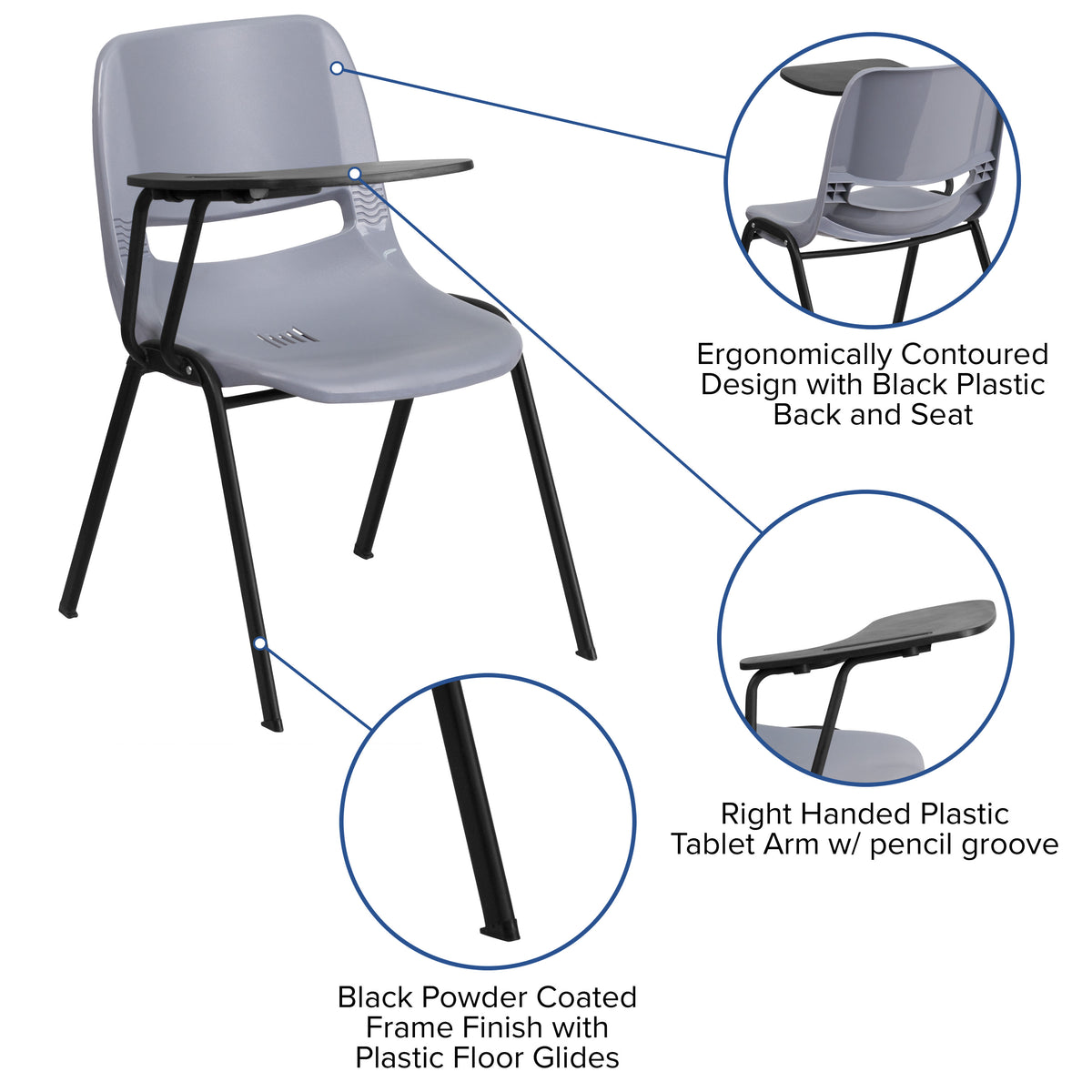 Gray |#| Gray Ergonomic Shell Chair with Right Handed Flip-Up Tablet Arm