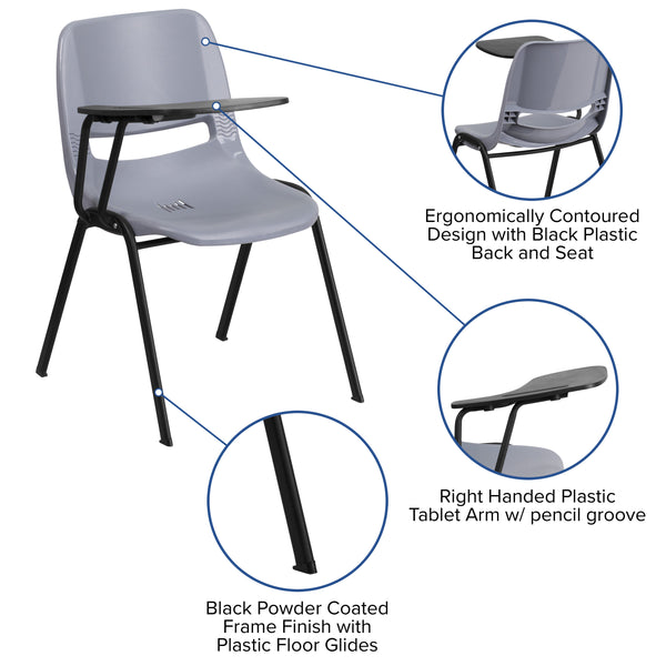 Gray |#| Gray Ergonomic Shell Chair with Right Handed Flip-Up Tablet Arm