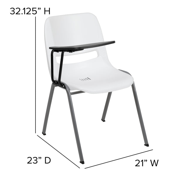 White |#| White Ergonomic Shell Chair with Right Handed Flip-Up Tablet - Tablet Arm Desk