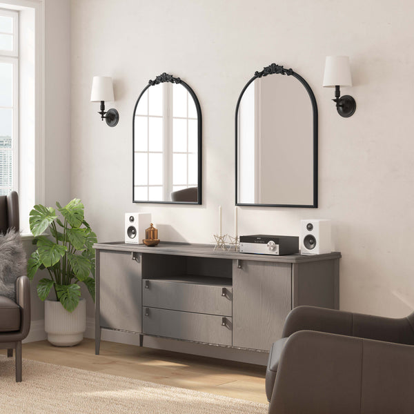 Black,23.75"W x 34.75"L |#| Arched Wall Mirror with Metal Frame with Baroque Detail in Black - 35" x 24"
