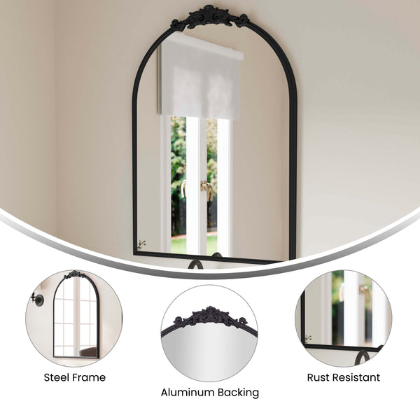 Black,23.75"W x 34.75"L |#| Arched Wall Mirror with Metal Frame with Baroque Detail in Black - 35" x 24"