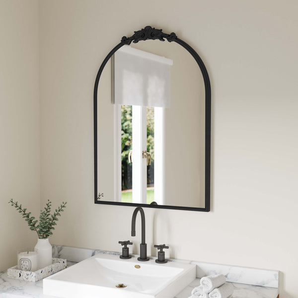 Black,23.75"W x 34.75"L |#| Arched Wall Mirror with Metal Frame with Baroque Detail in Black - 35" x 24"