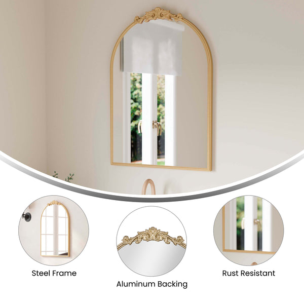Gold,20"W x 29"L |#| Arched Wall Mirror with Metal Frame with Baroque Detail in Gold - 29" x 20"