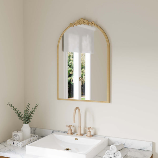 Gold,20"W x 29"L |#| Arched Wall Mirror with Metal Frame with Baroque Detail in Gold - 29" x 20"