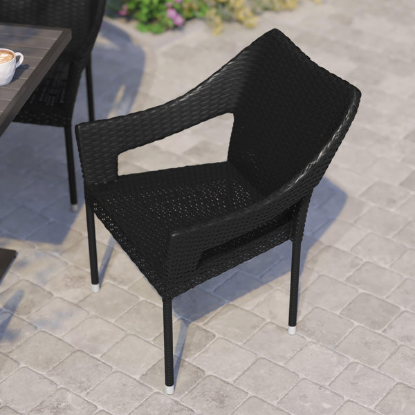 Black |#| All Weather Commercial Grade PE Rattan Stacking Patio Chairs in Black