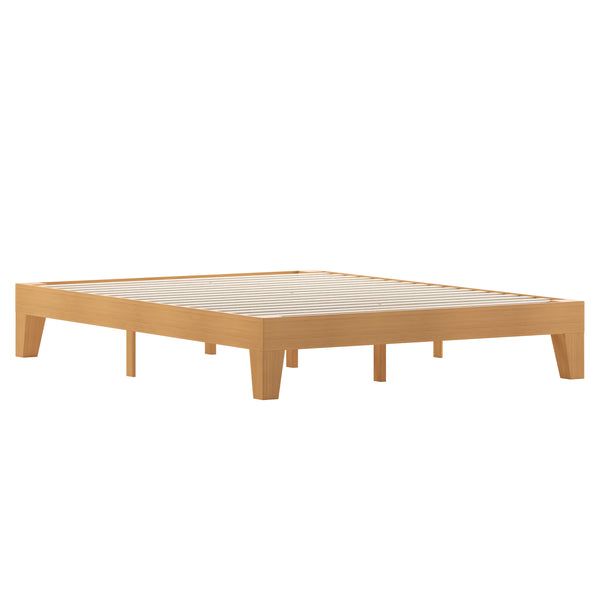 Natural,Queen |#| Wood Platform Bed with 14 Wooden Support Slats in Natural Pine - Queen
