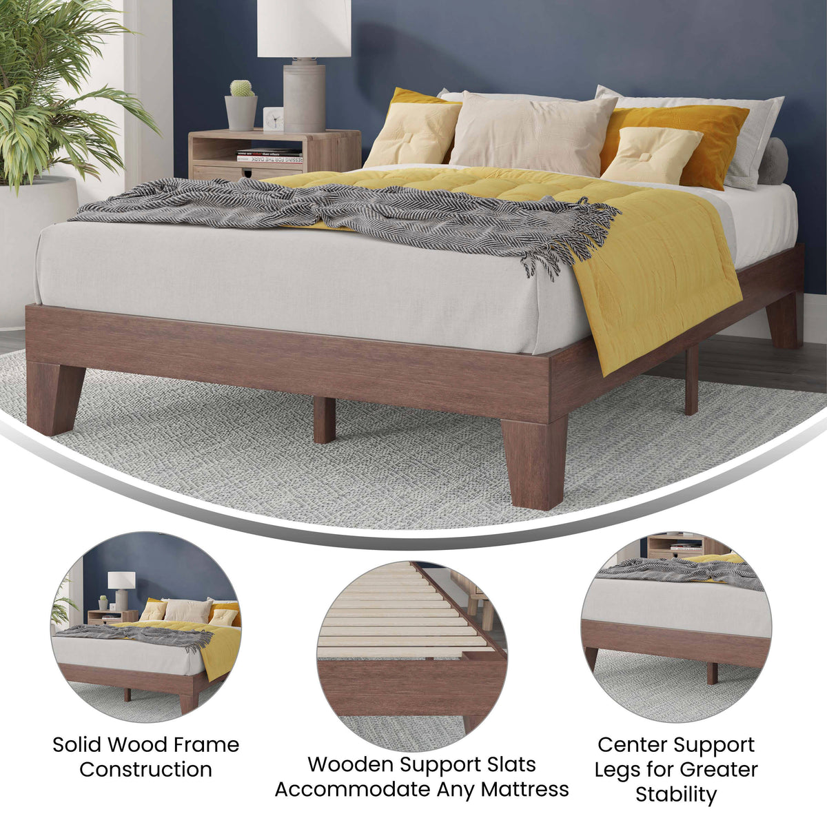 Walnut,Full |#| Wood Platform Bed with 14 Wooden Support Slats in Walnut - Full