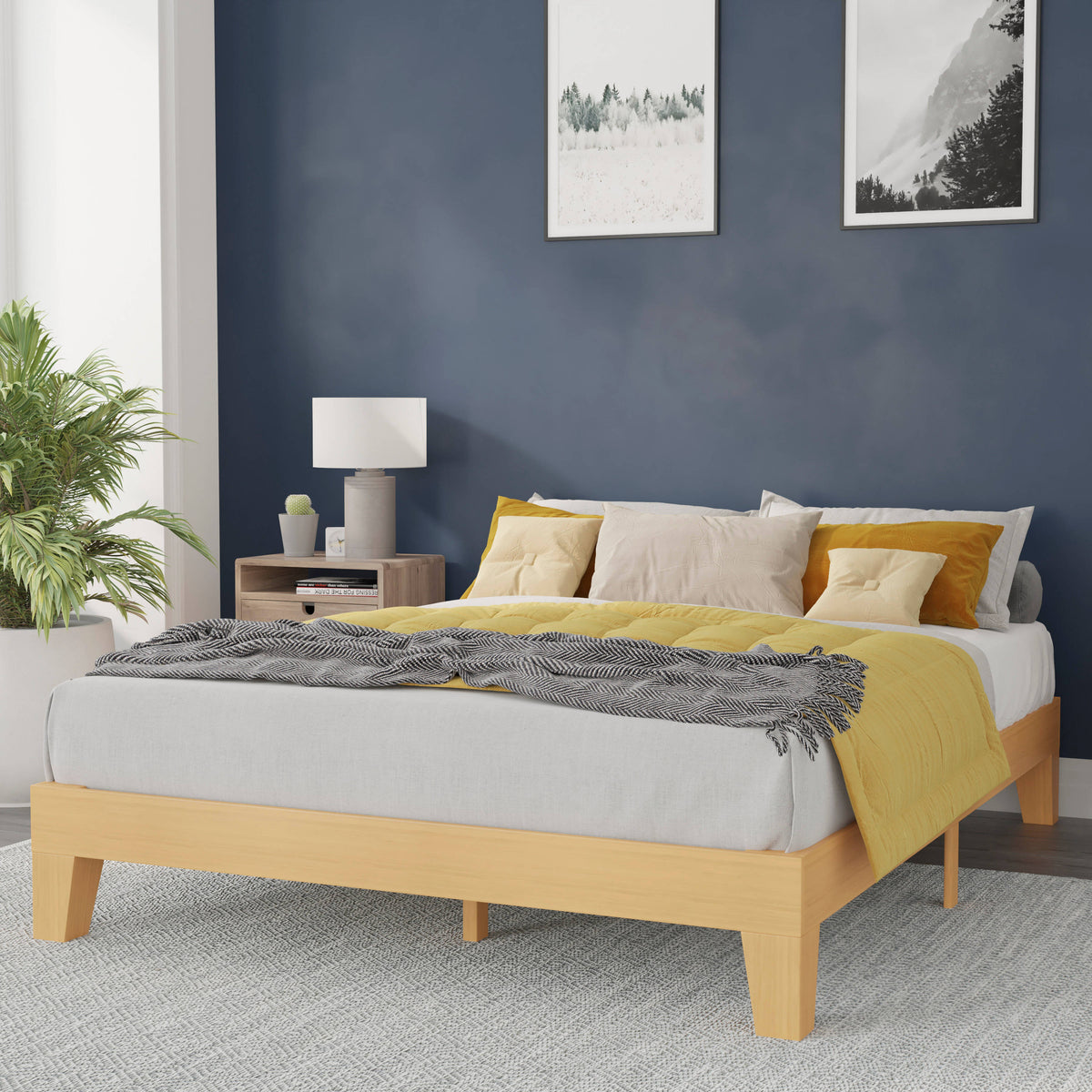 Natural,Queen |#| Wood Platform Bed with 14 Wooden Support Slats in Natural Pine - Queen