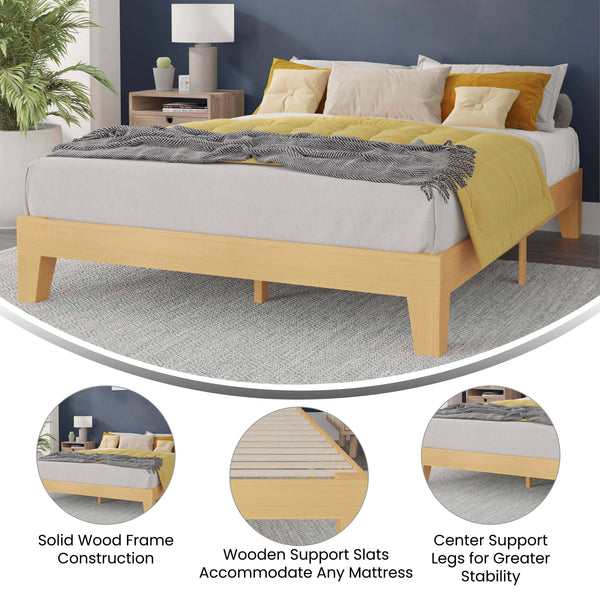 Natural,Queen |#| Wood Platform Bed with 14 Wooden Support Slats in Natural Pine - Queen