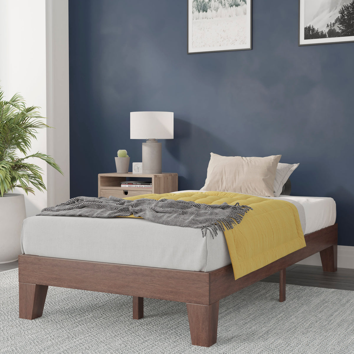 Walnut,Twin |#| Wood Platform Bed with 14 Wooden Support Slats in Walnut - Twin