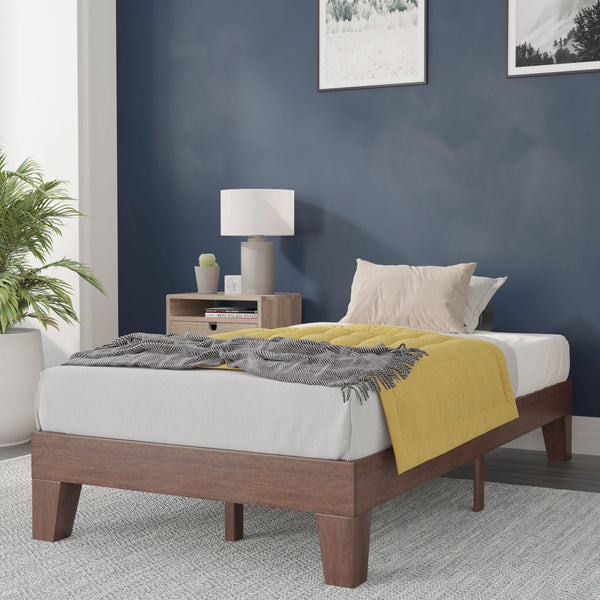 Walnut,Twin |#| Wood Platform Bed with 14 Wooden Support Slats in Walnut - Twin
