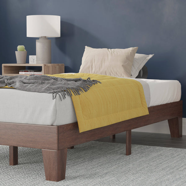 Walnut,Twin |#| Wood Platform Bed with 14 Wooden Support Slats in Walnut - Twin