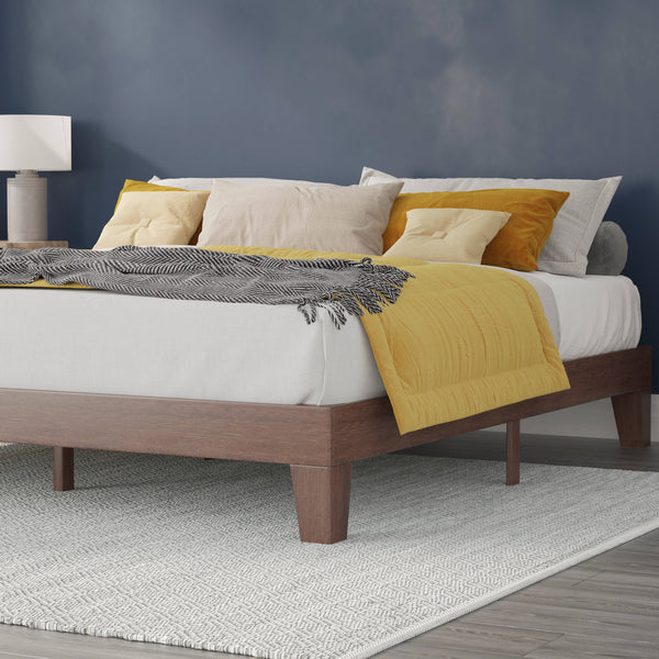 Walnut,King |#| Wood Platform Bed with 14 Wooden Support Slats in Walnut - King