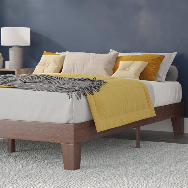 Walnut,Queen |#| Wood Platform Bed with 14 Wooden Support Slats in Walnut - Queen