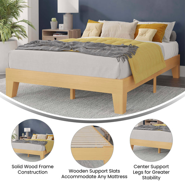 Natural,Full |#| Wood Platform Bed with 14 Wooden Support Slats in Natural Pine - Full