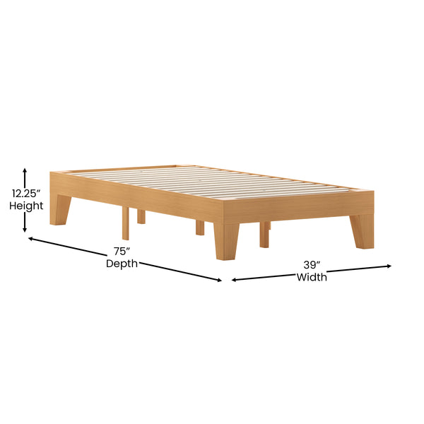Natural,Twin |#| Wood Platform Bed with 14 Wooden Support Slats in Natural Pine - Twin