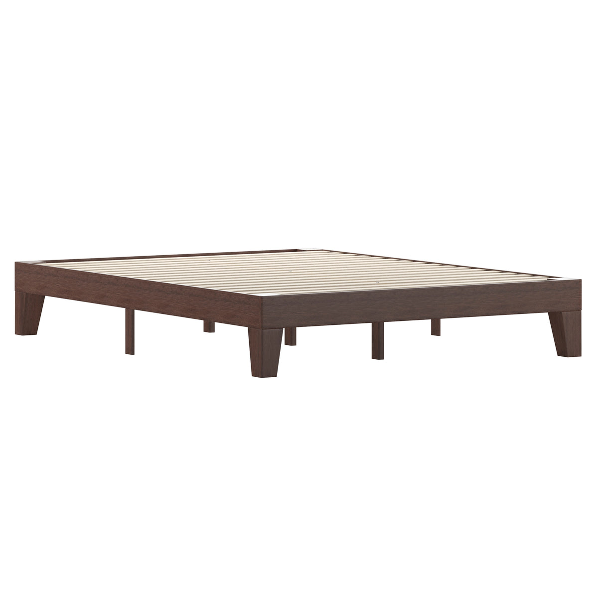 Walnut,Queen |#| Wood Platform Bed with 14 Wooden Support Slats in Walnut - Queen