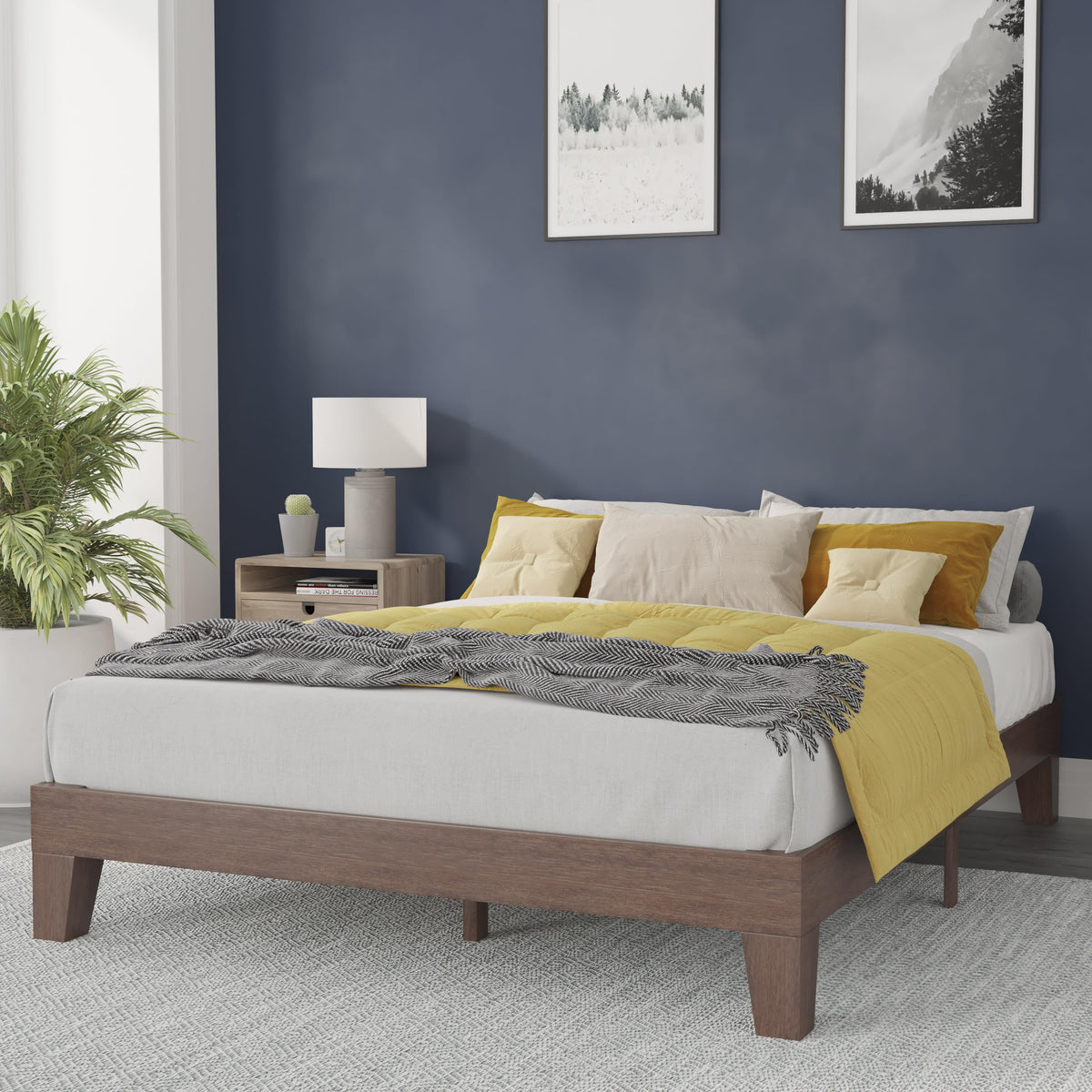 Walnut,Queen |#| Wood Platform Bed with 14 Wooden Support Slats in Walnut - Queen