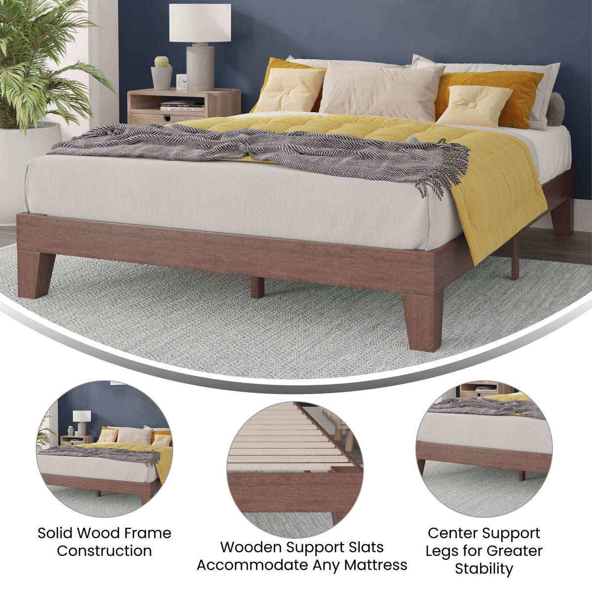 Walnut,Queen |#| Wood Platform Bed with 14 Wooden Support Slats in Walnut - Queen