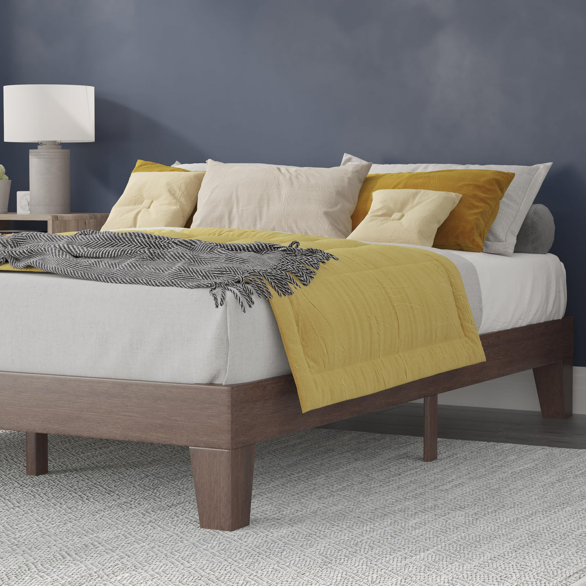 Walnut,Queen |#| Wood Platform Bed with 14 Wooden Support Slats in Walnut - Queen