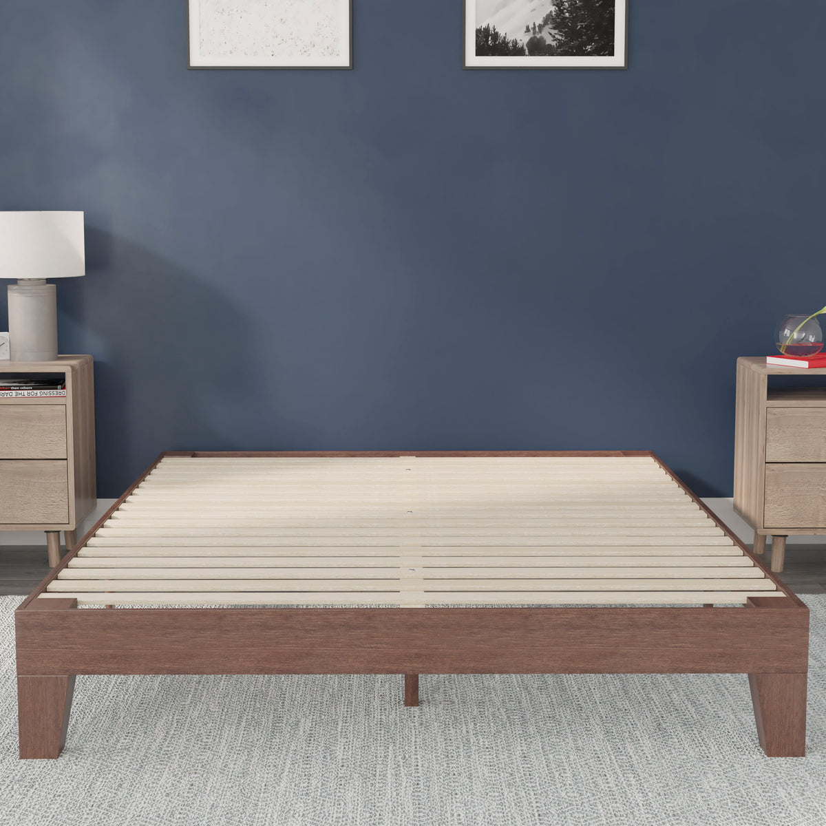 Walnut,Queen |#| Wood Platform Bed with 14 Wooden Support Slats in Walnut - Queen
