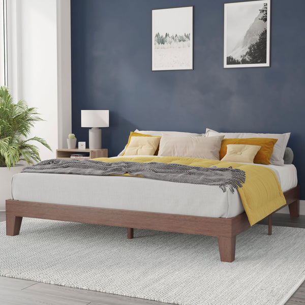 Walnut,King |#| Wood Platform Bed with 14 Wooden Support Slats in Walnut - King