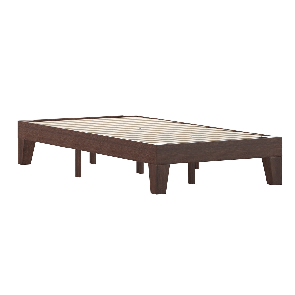Walnut,Twin |#| Wood Platform Bed with 14 Wooden Support Slats in Walnut - Twin