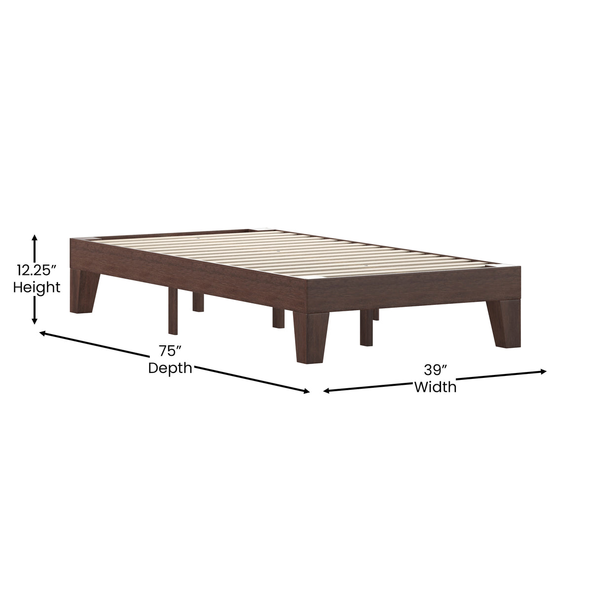 Walnut,Twin |#| Wood Platform Bed with 14 Wooden Support Slats in Walnut - Twin